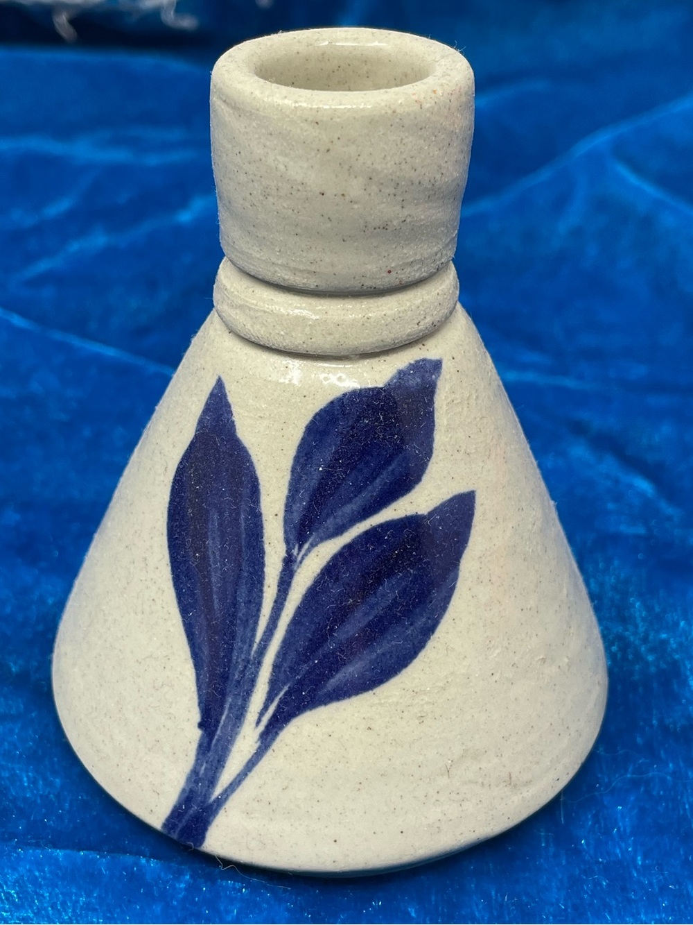 Handmade Ceramic Bud Vase with Blue Leaf Accent -